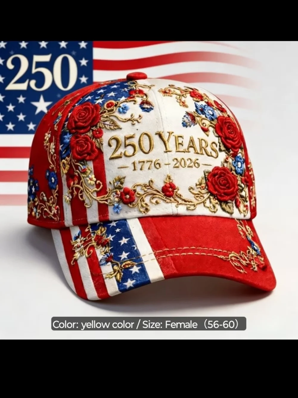 Printed 250 Years Patriotic Baseball Cap - Red, White, Blue, Gold